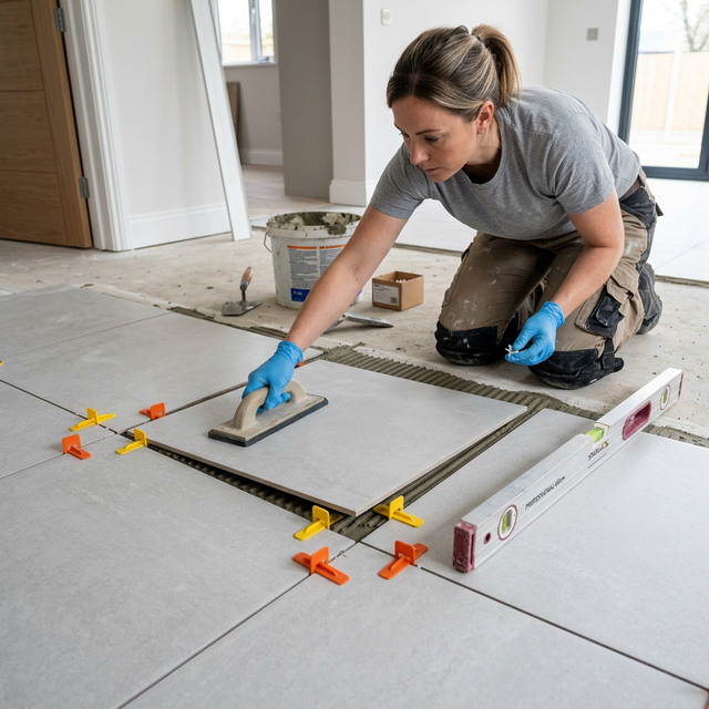 Colocación de suelo porcelánico gran formato en reforma Alicante