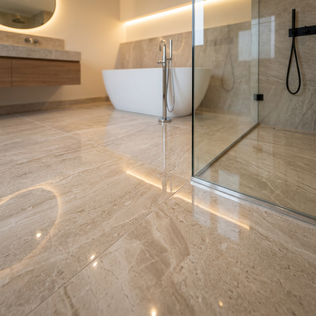 Suelo porcelánico efecto piedra pulida en baño Alicante