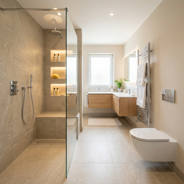 Baño familiar reformado con ducha amplia y revestimiento porcelánico