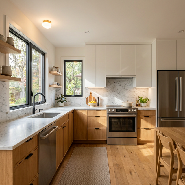 Cocina en L con madera de roble y muebles blancos en Alicante