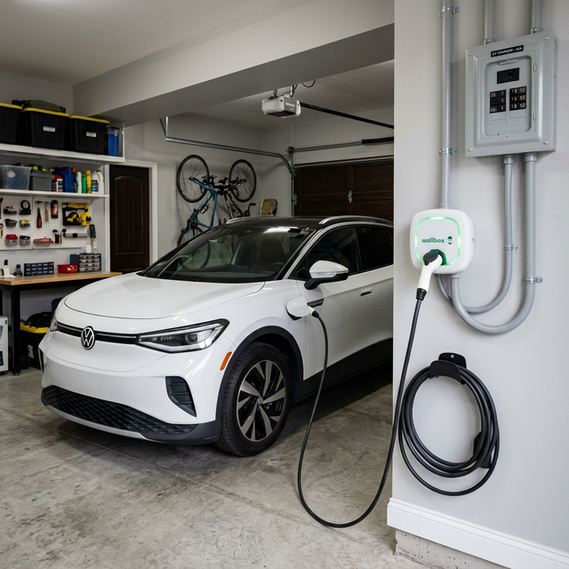 Punto de recarga wallbox para coche eléctrico instalado en garaje Alicante