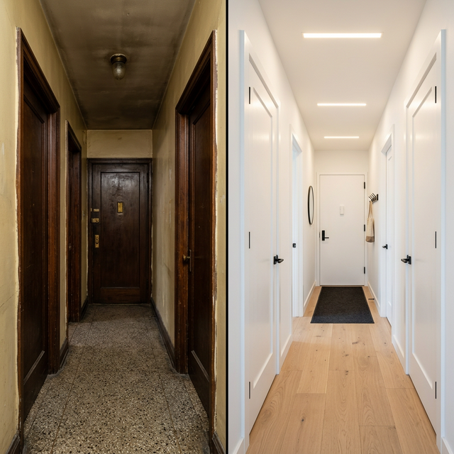 Antes y después de reforma de pasillo y entrada en Alicante