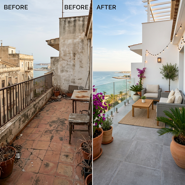Antes y después de reforma de terraza en Alicante