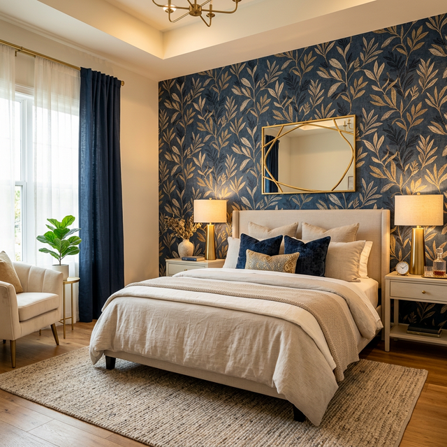 Dormitorio con papel pintado decorativo instalado en Alicante