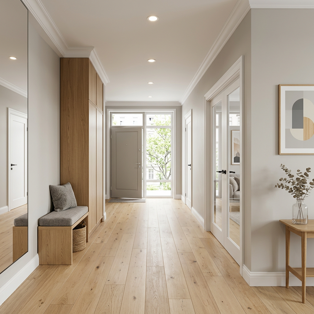 Pasillo recién pintado en gris claro con molduras blancas en Alicante