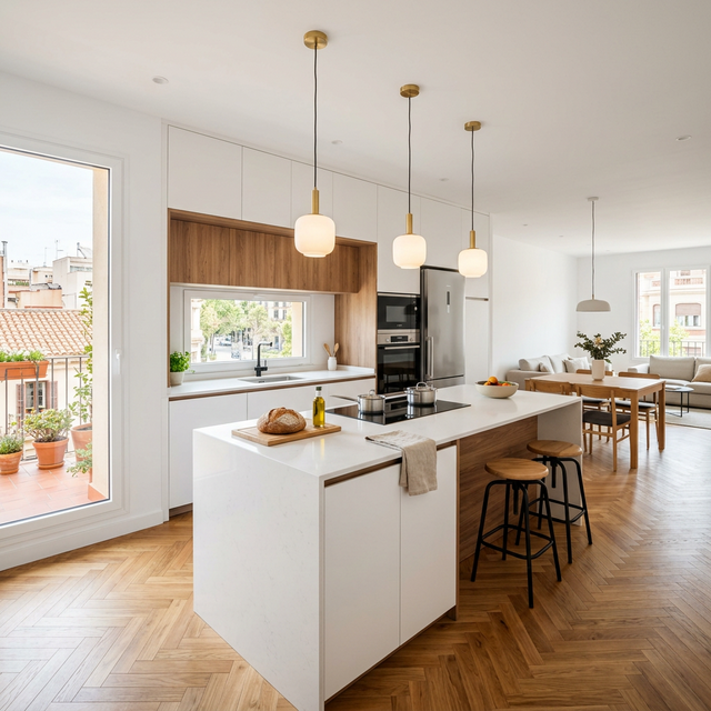 Cocina moderna reformada con isla, encimera de Silestone y paredes lisas